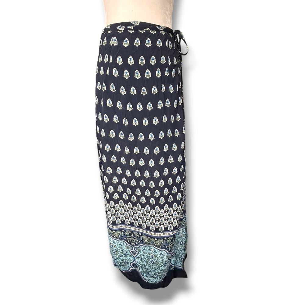 Angie Boho Wrap Maxi Skirt Blue Paisley Floral Border Print Festival Resort Wear
